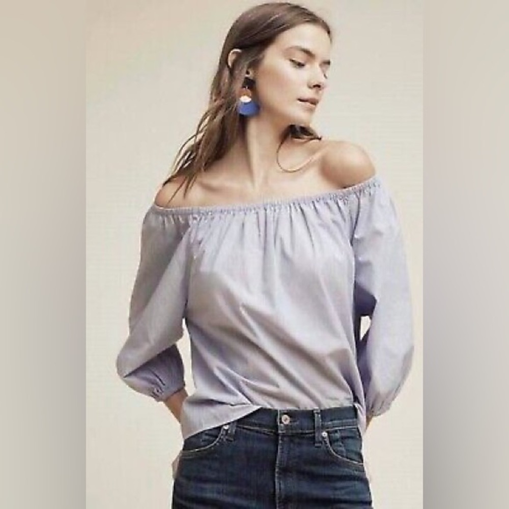 Anthropologie Maeve Off Shoulder 100% Cotton Poplin Top Blue White Stripe